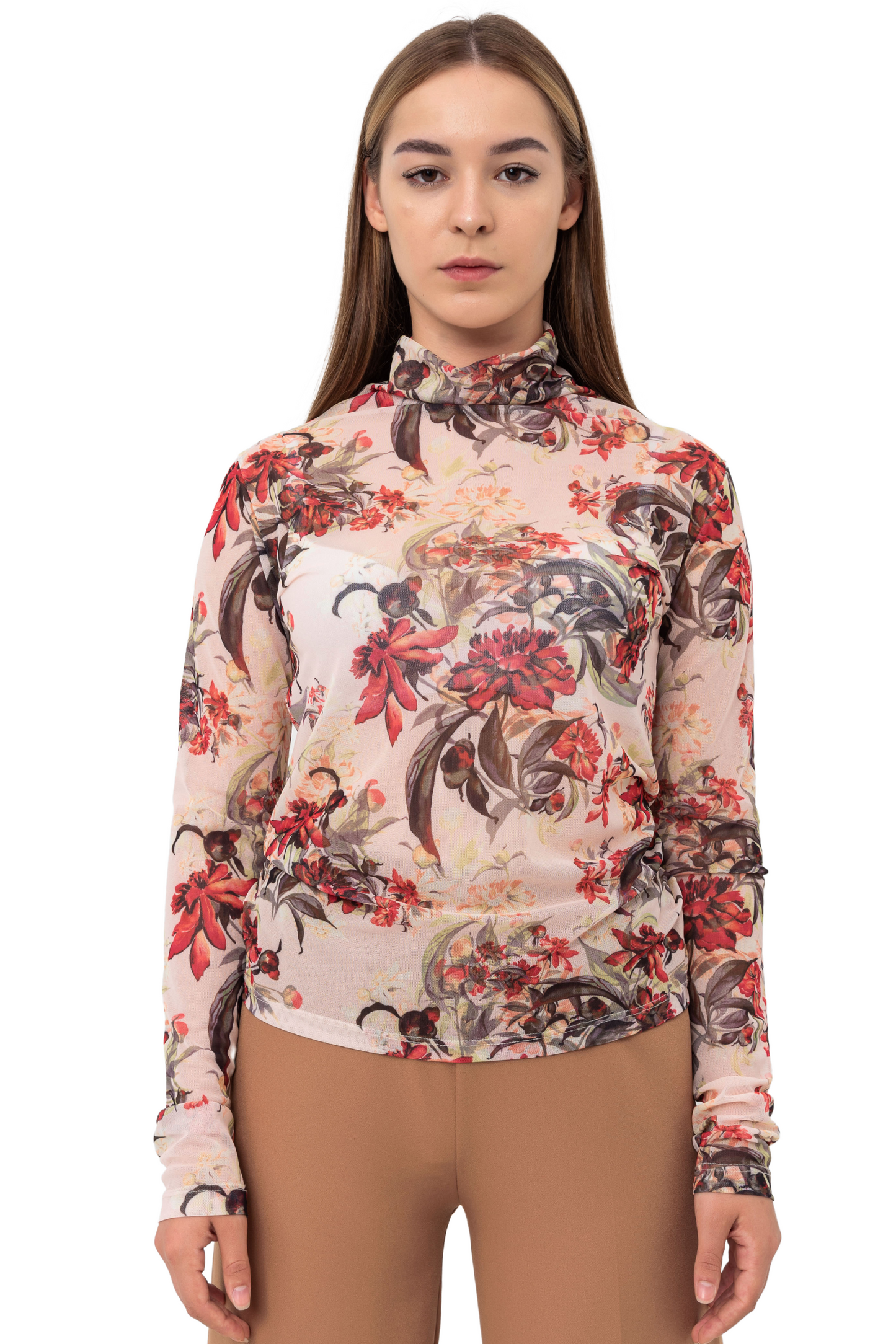 Long-sleeve Mesh Mock Neck Top | Floral, White, Black