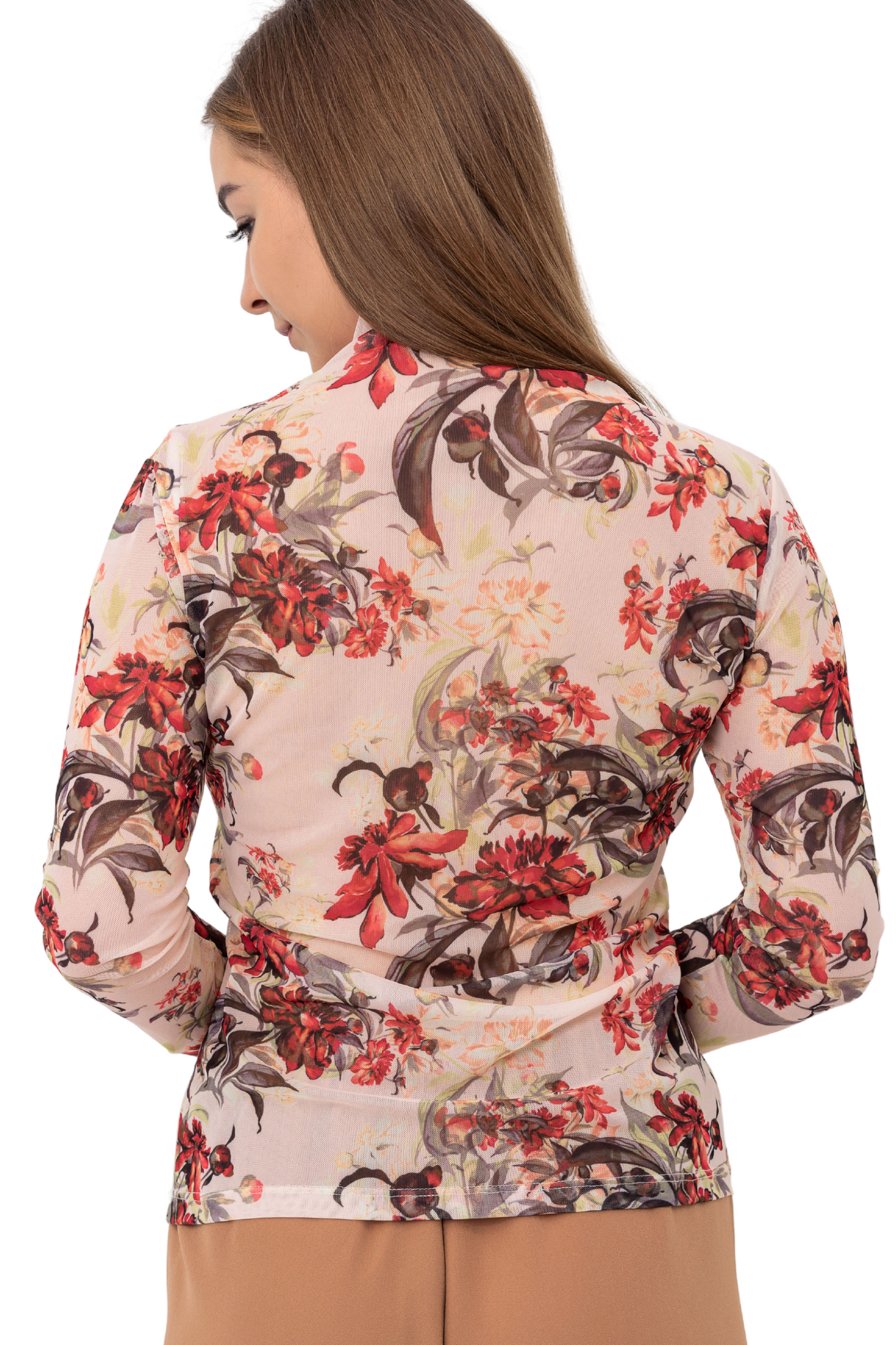 Long-sleeve Mesh Mock Neck Top | Floral, White, Black