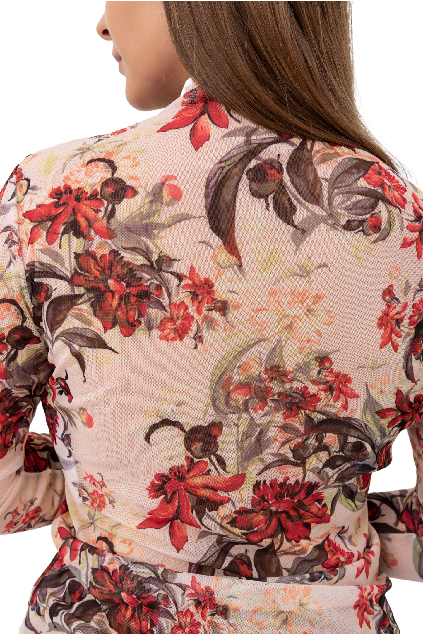 Long-sleeve Mesh Mock Neck Top | Floral, White, Black