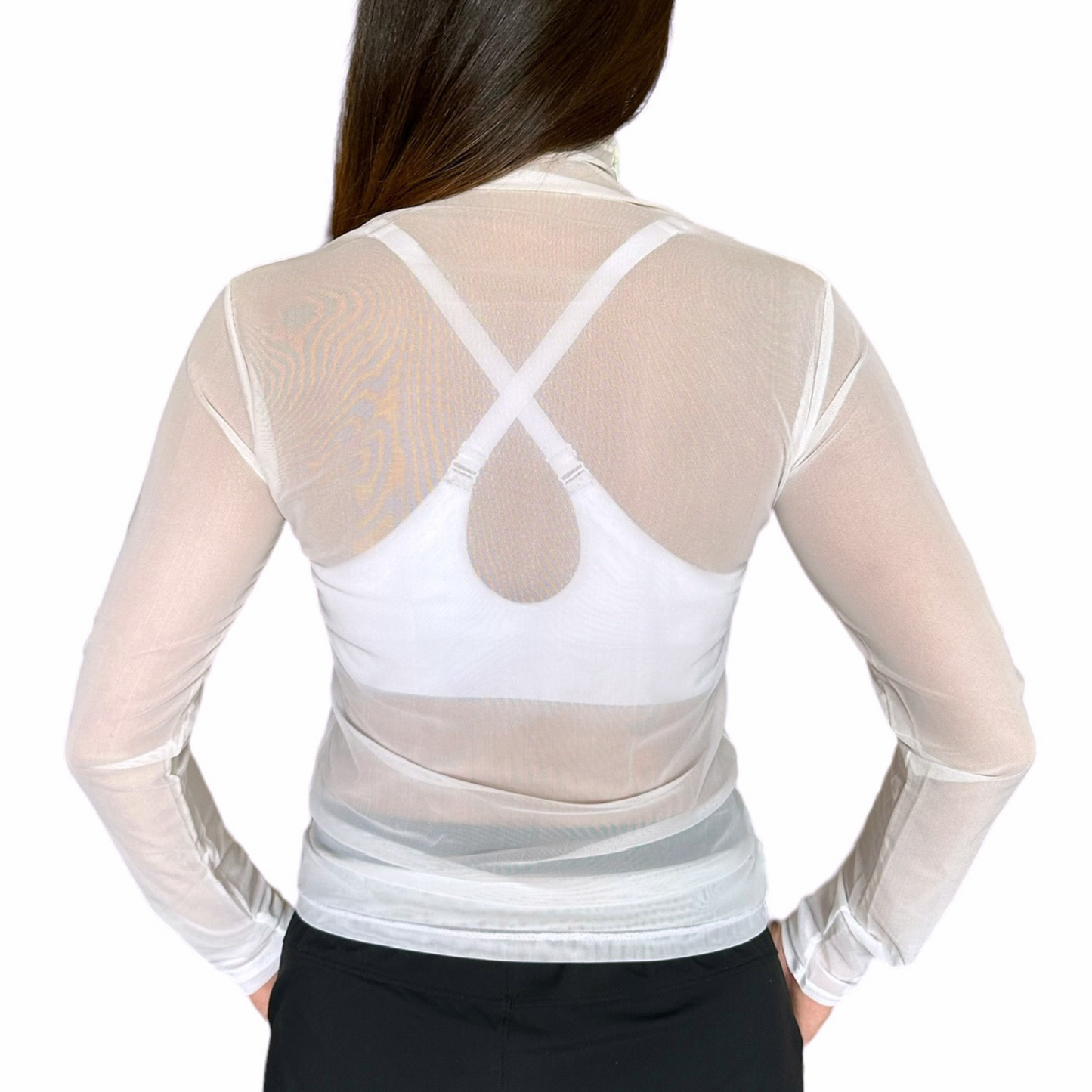 Long-sleeve Mesh Mock Neck Top | Floral, White, Black
