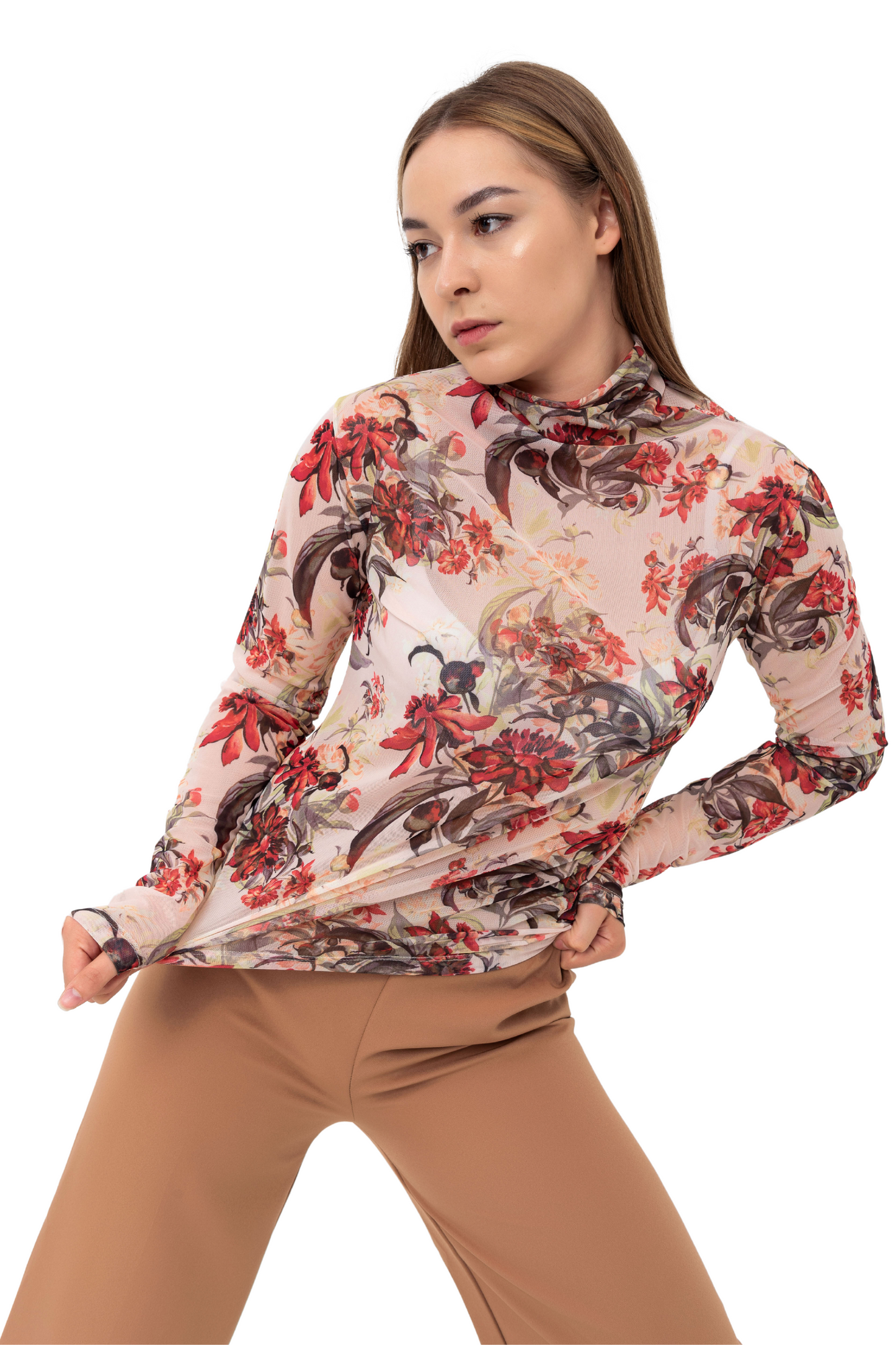 Long-sleeve Mesh Mock Neck Top | Floral, White, Black