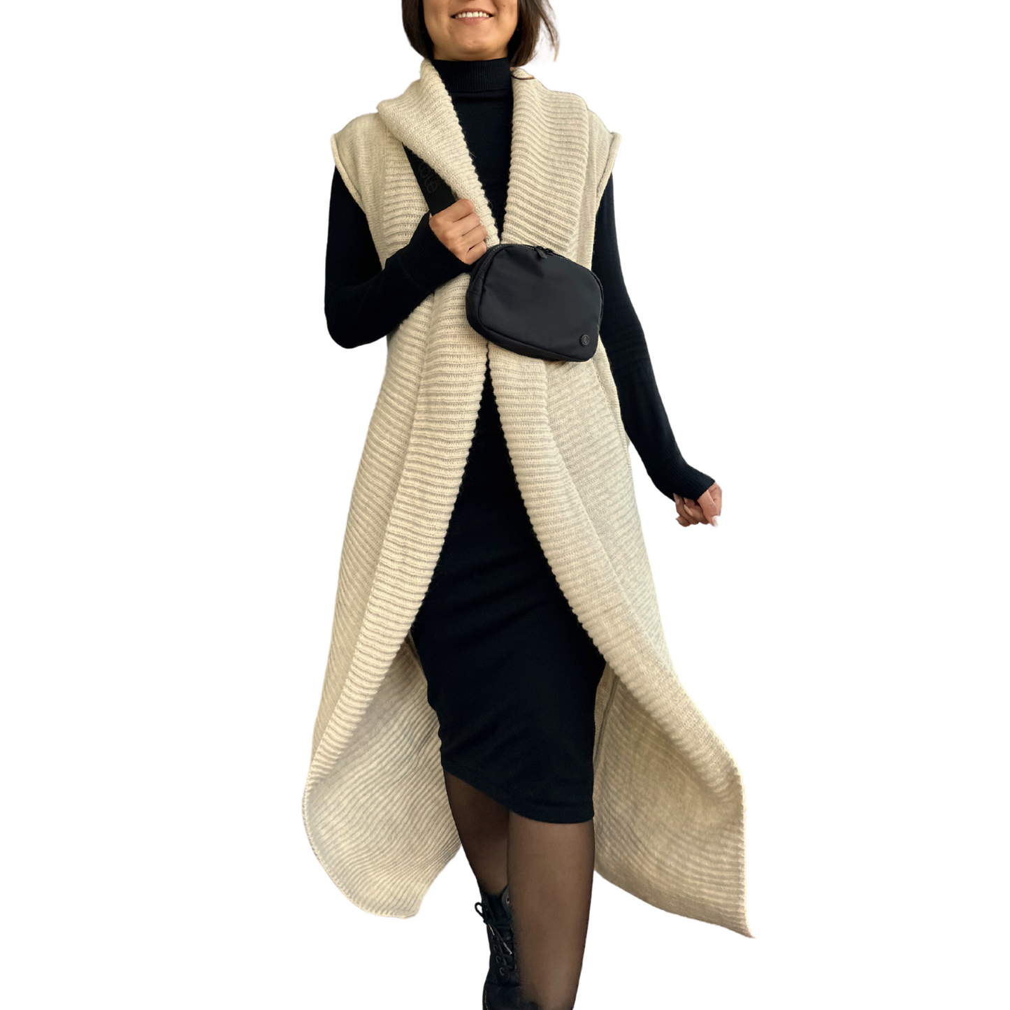 Long Sleeveless Cardigan | Copper Brown, Creamy Beige