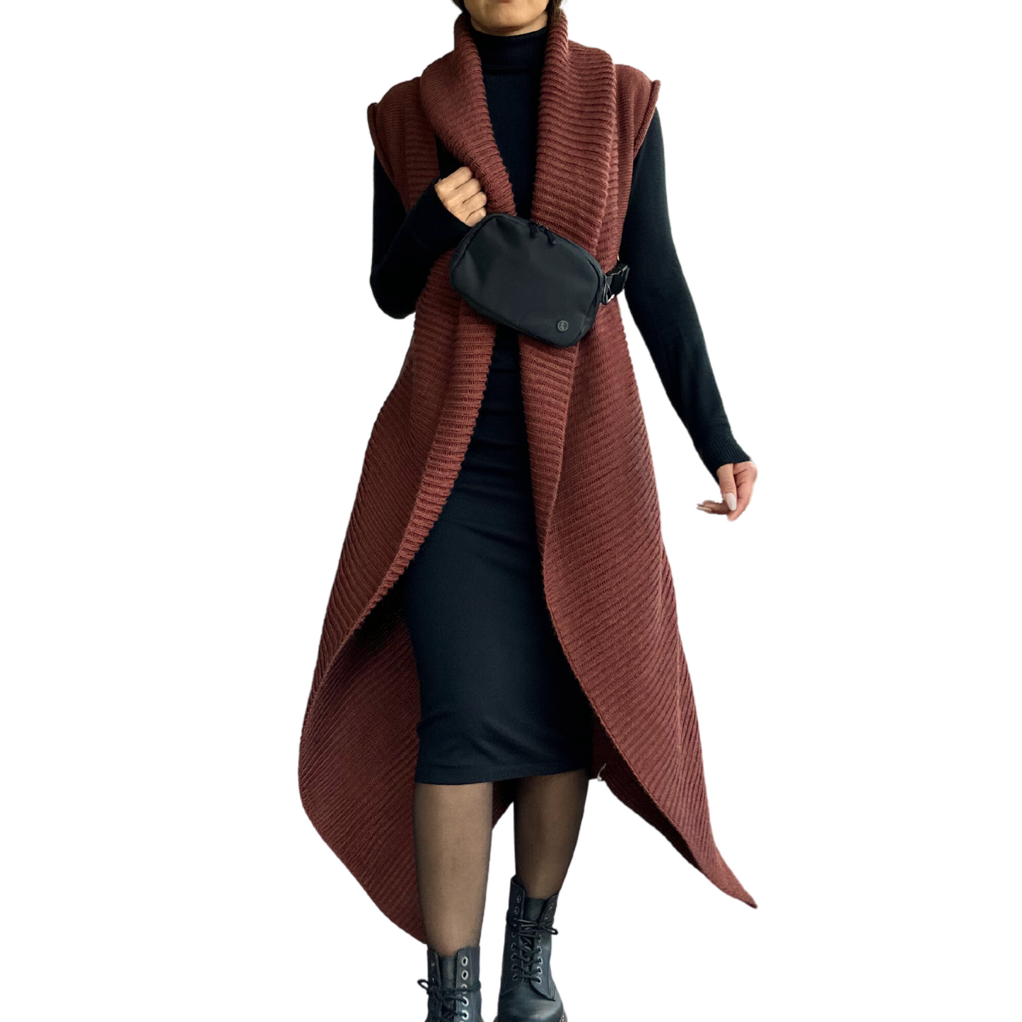 Long Sleeveless Cardigan | Copper Brown, Creamy Beige