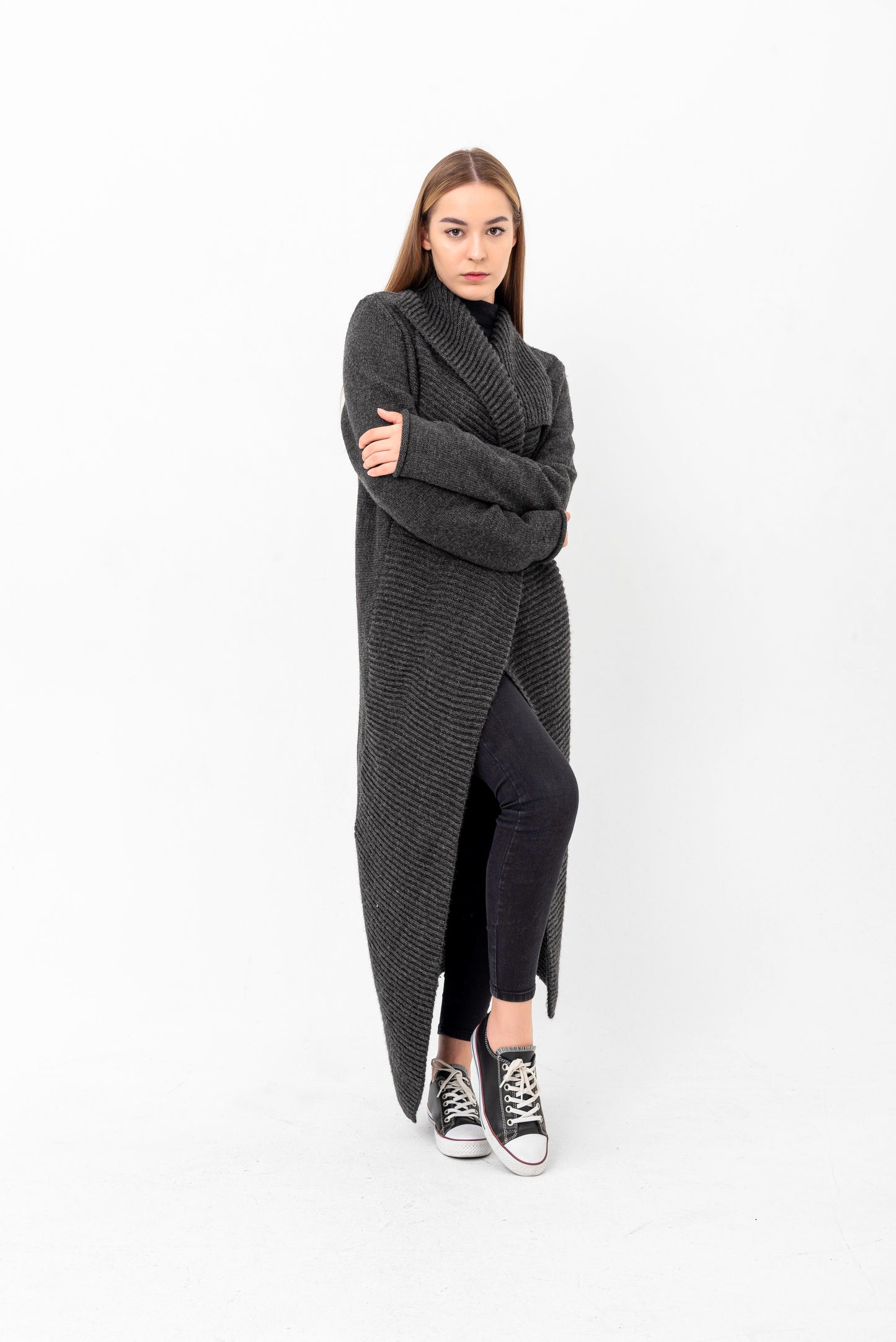 DISAMA Elegant Extra Long Cardigan Sweater for any occasion unique design comfortable cozy durable. Small batch production for each design and color. Flattering for any body shape. Great addition to any style or wardrobe. Maxi Knit Coat Jacket Cape.