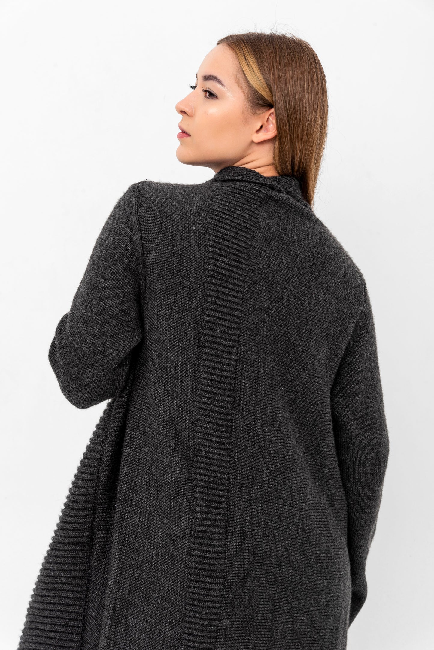 DISAMA Elegant Extra Long Cardigan Sweater for any occasion unique design comfortable cozy durable. Small batch production for each design and color. Flattering for any body shape. Great addition to any style or wardrobe. Maxi Knit Coat Jacket Cape.