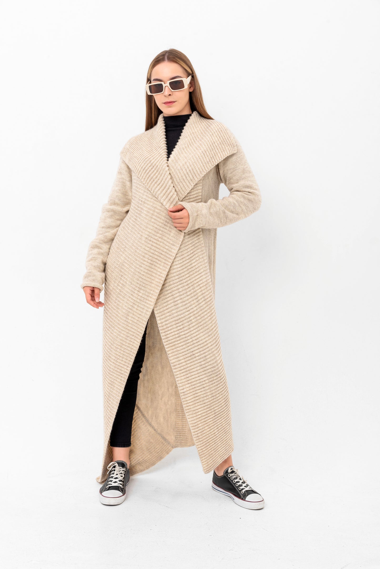 DISAMA Elegant Extra Long Cardigan Sweater for any occasion unique design comfortable cozy durable. Small batch production for each design and color. Flattering for any body shape. Great addition to any style or wardrobe. Maxi Knit Coat Jacket Cape.
