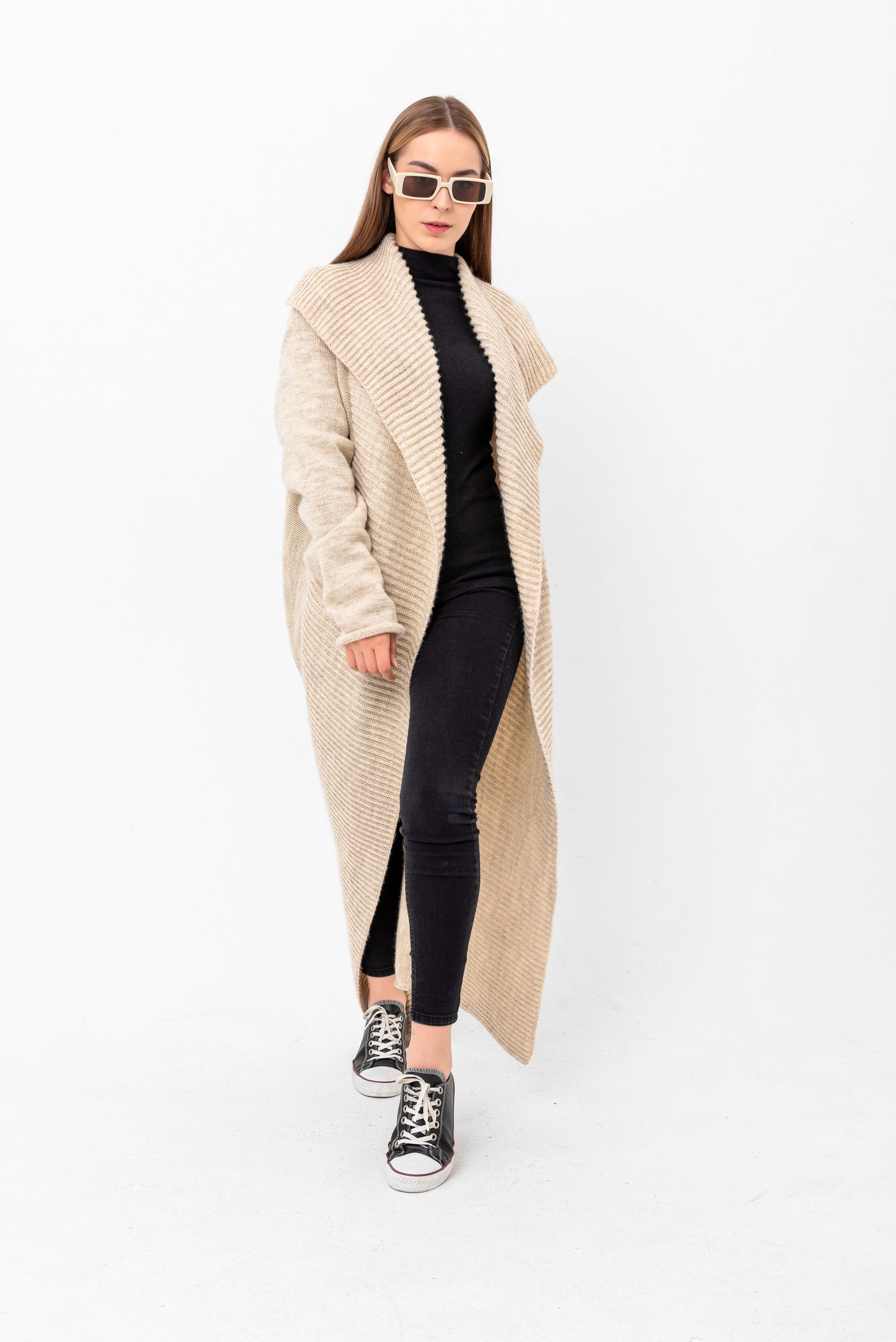 DISAMA Elegant Extra Long Cardigan Sweater for any occasion unique design comfortable cozy durable. Small batch production for each design and color. Flattering for any body shape. Great addition to any style or wardrobe. Maxi Knit Coat Jacket Cape.