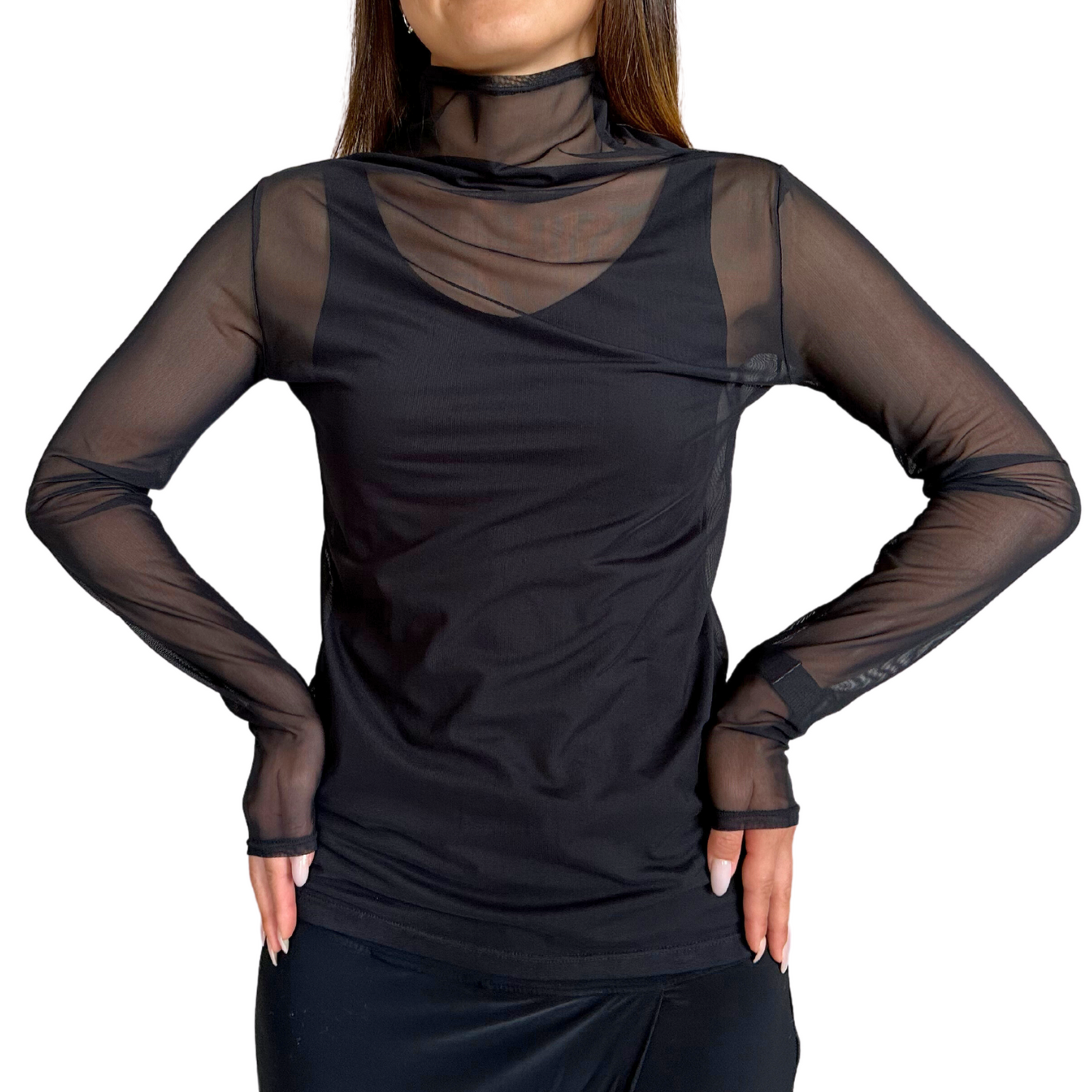 Long-sleeve Mesh Mock Neck Top | Floral, White, Black
