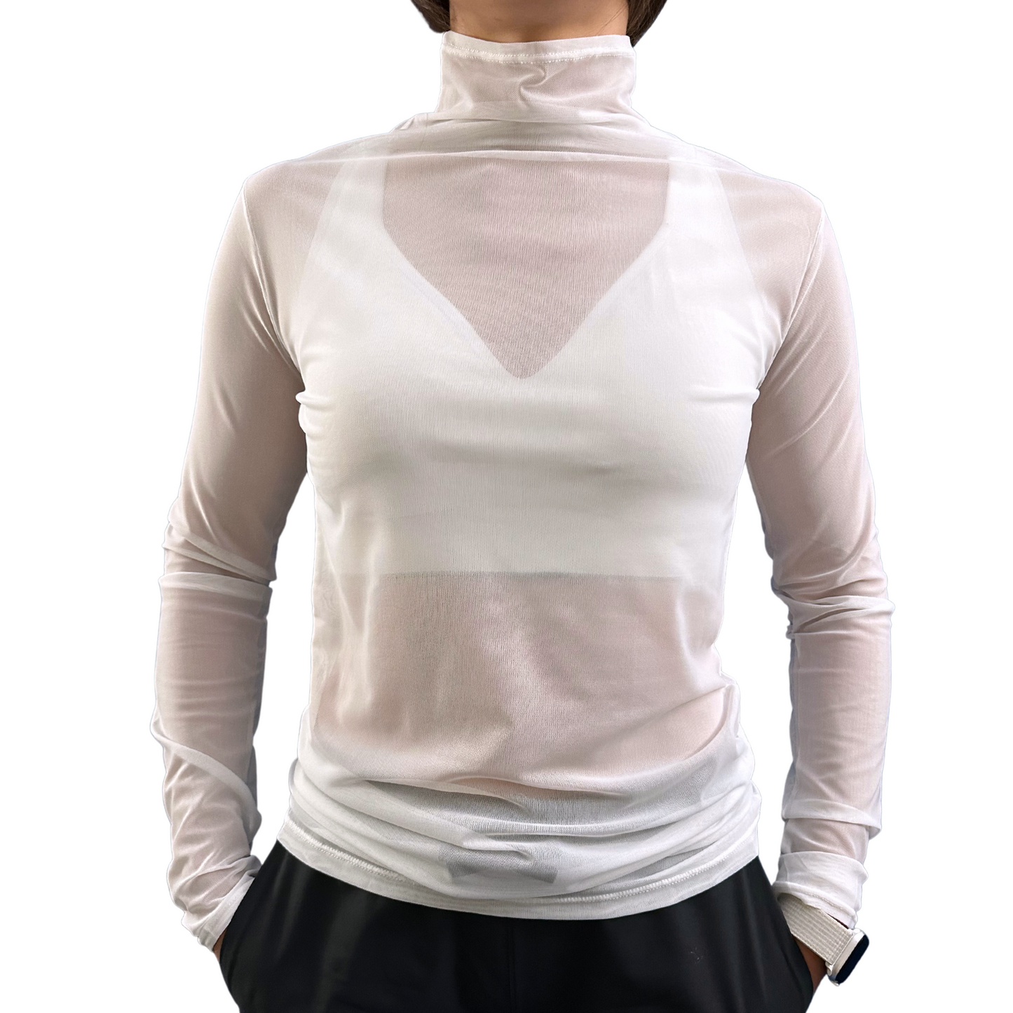 Long-sleeve Mesh Mock Neck Top | Floral, White, Black